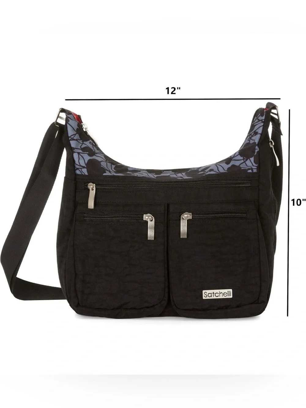 Satchelli Black Crossbody Bag with Floral Accent and Red Lining